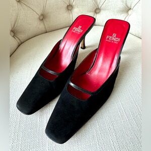 FENDI Vintage Black Suede & Leather Mule Heels | Square Toe | Made in Italy | 7